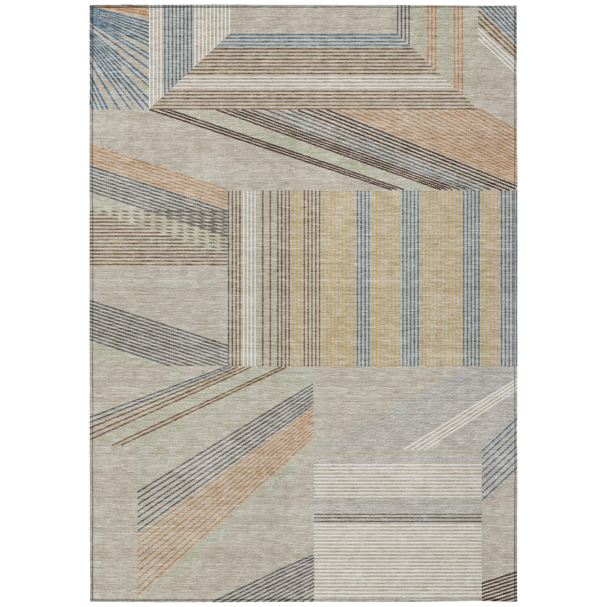Full view beige, blue, and brown geometric area rug with structured block pattern
