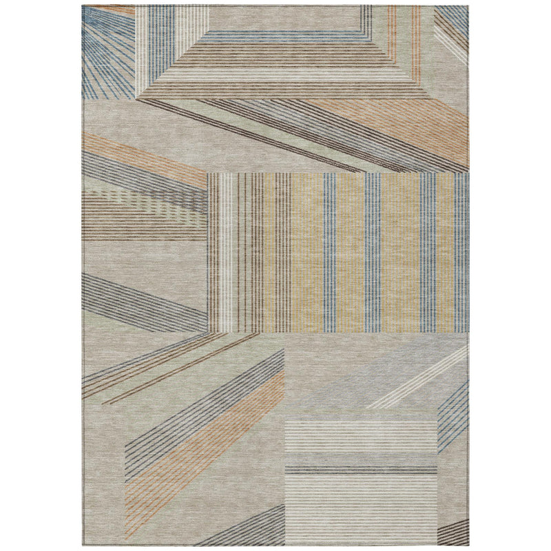 Full view beige, blue, and brown geometric area rug with structured block pattern