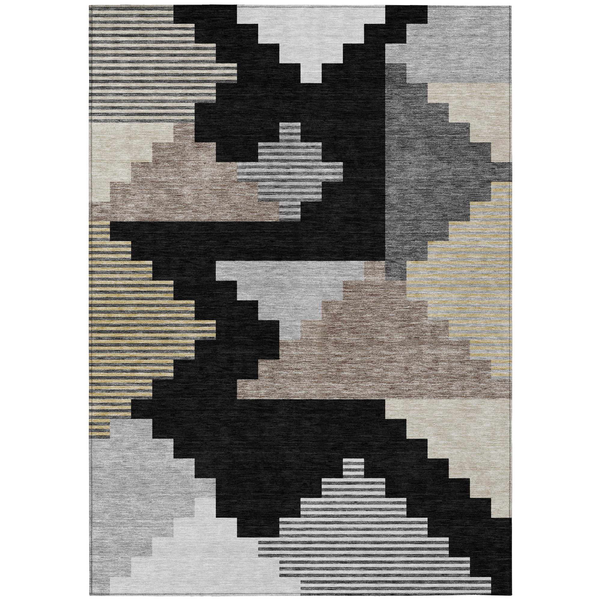 Black, silver and gray geometric area rug with zigzag block pattern