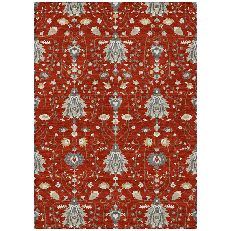 Red oriental area rug with ornate medallion and scrolling floral design, full view