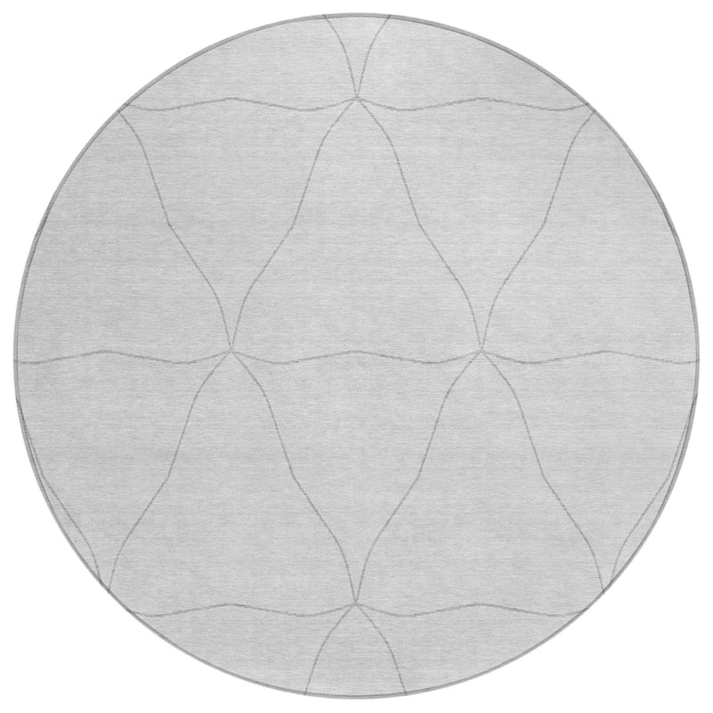 Round light gray area rug with soft graphite geometric lines