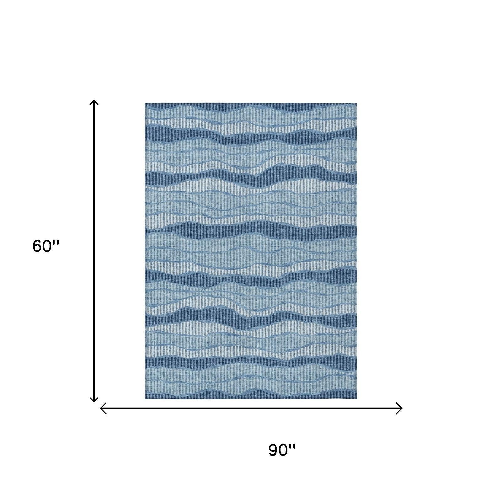 Blue striped area rug size diagram, 90 in by 60 in