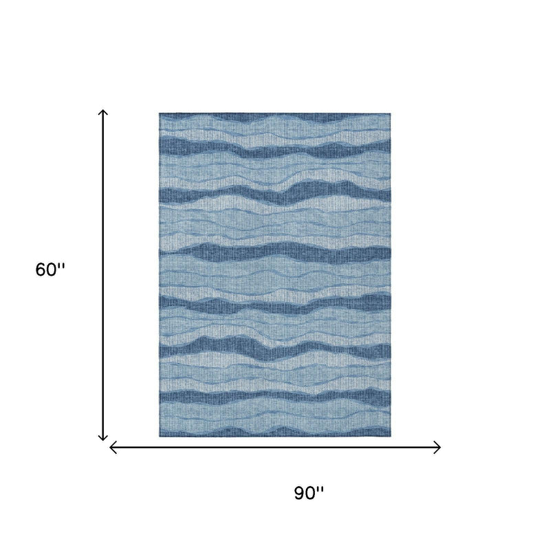 Blue striped area rug size diagram, 90 in by 60 in