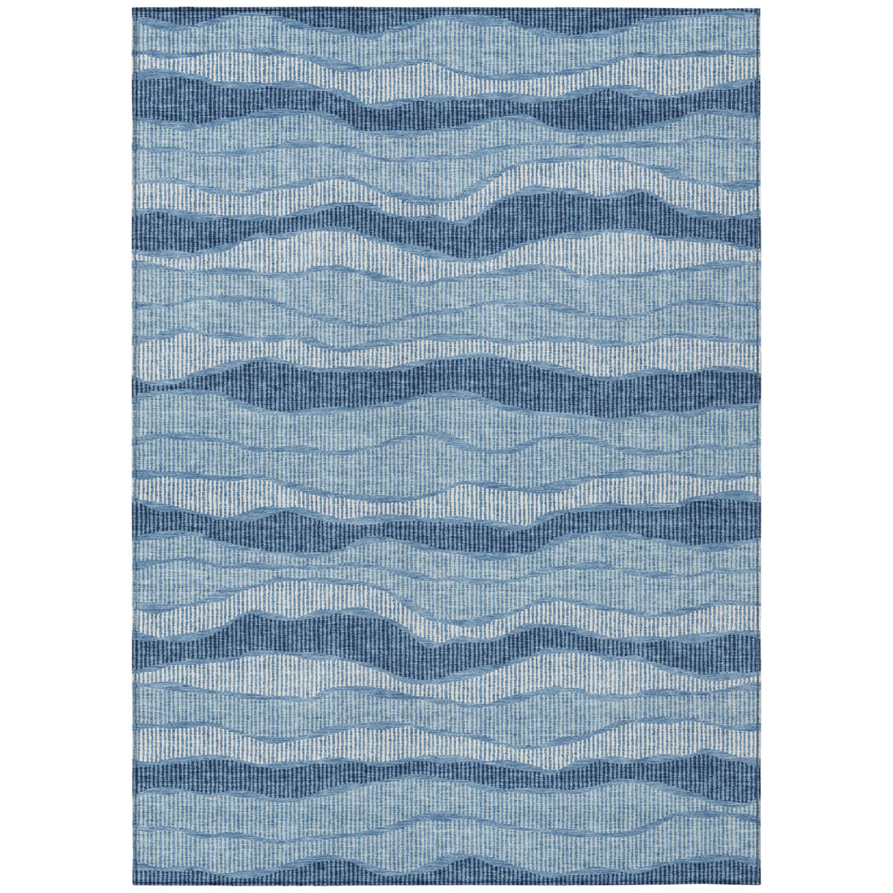 Blue and light blue wavy striped area rug with textured woven surface