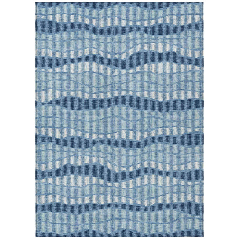 Blue and light blue wavy striped area rug with textured woven surface