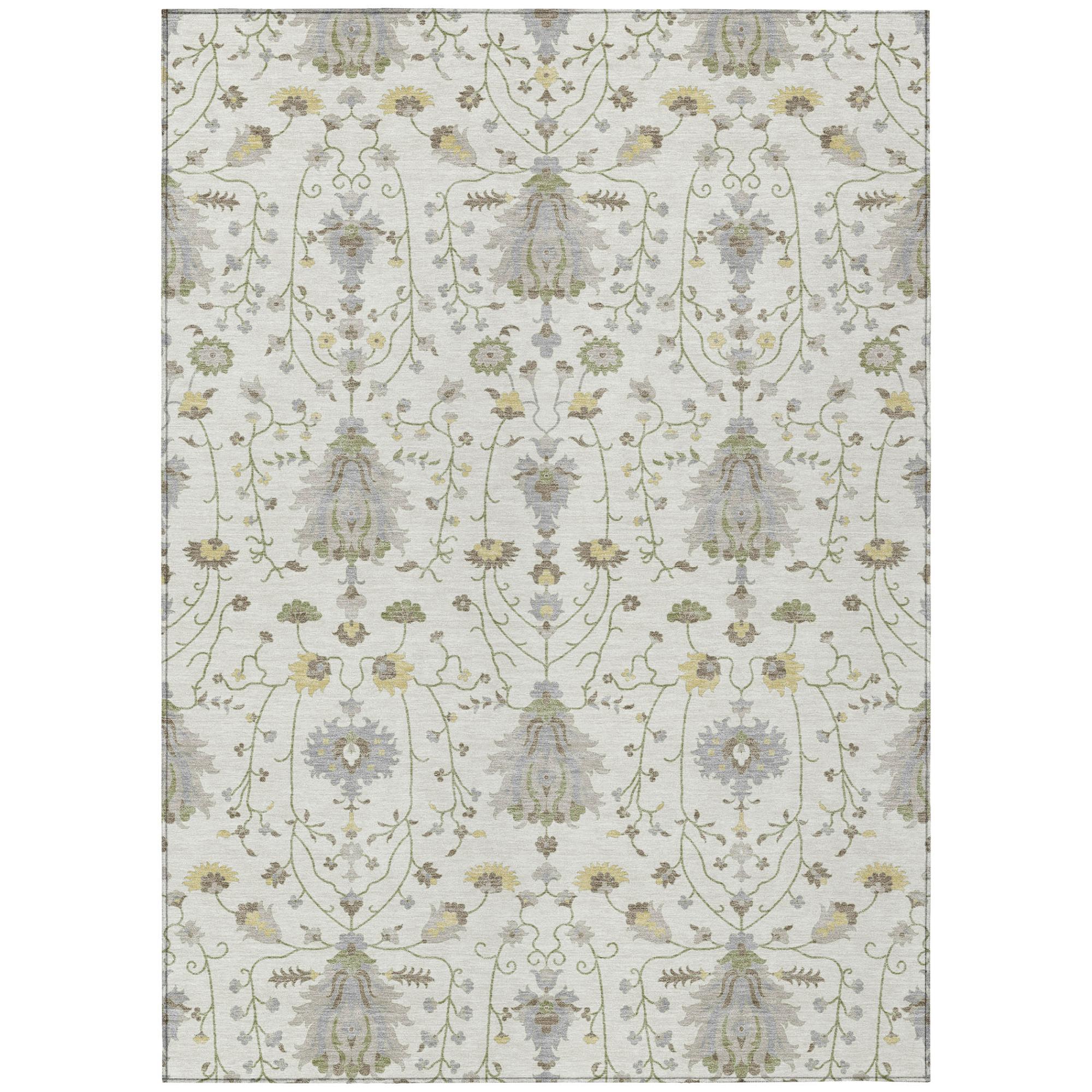 Ivory oriental area rug with silver-gray, green, and gold floral medallion pattern