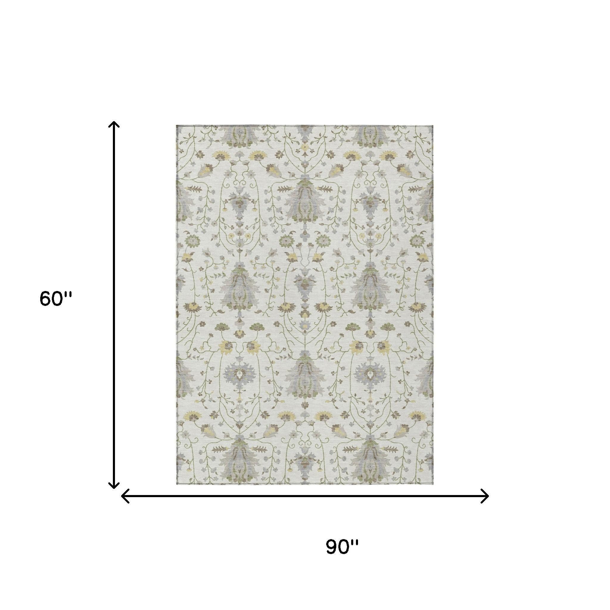 Ivory oriental rug diagram, 90 in by 60 in, with gray and green floral medallions