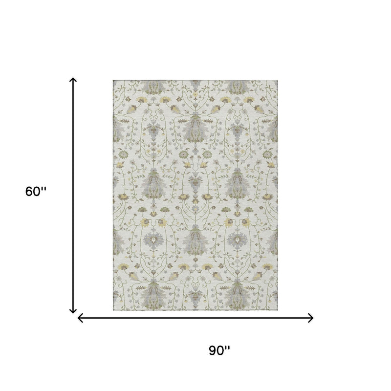 Ivory oriental rug diagram, 90 in by 60 in, with gray and green floral medallions