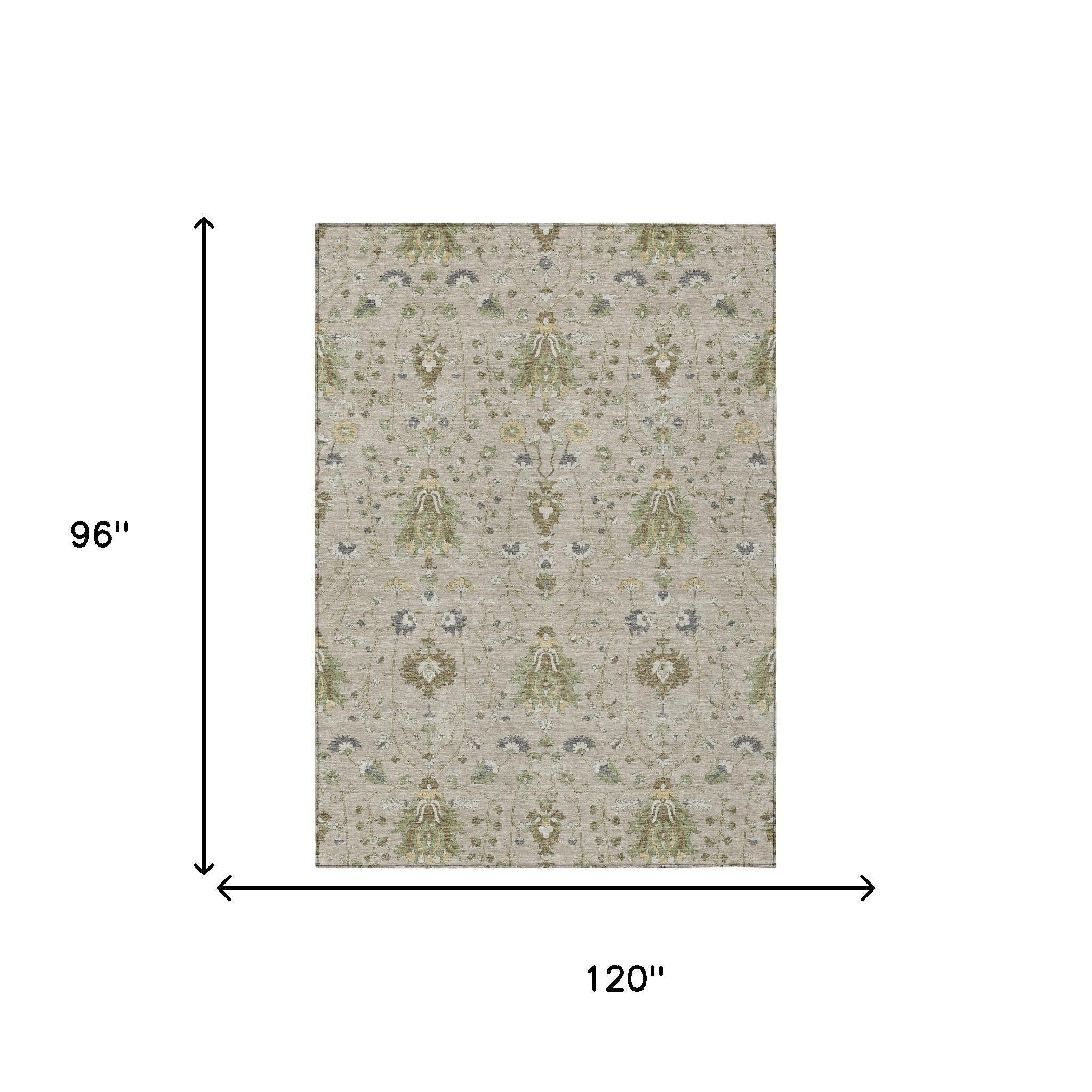 Beige oriental area rug, 8 ft x 10 ft rectangle, muted green-gray medallions