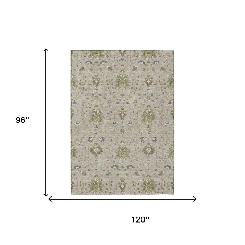 Beige oriental area rug, 8 ft x 10 ft rectangle, muted green-gray medallions
