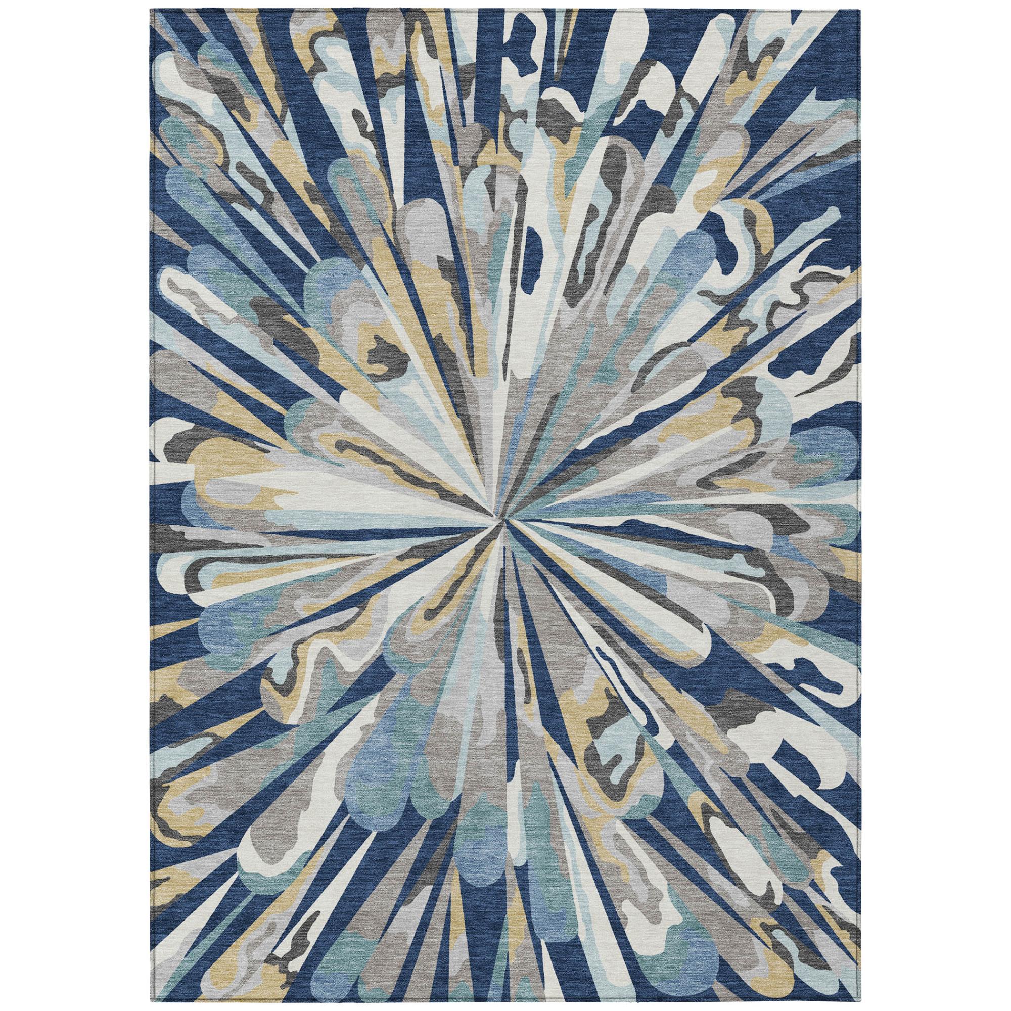 Abstract area rug with navy blue, light blue, and beige sunburst pattern