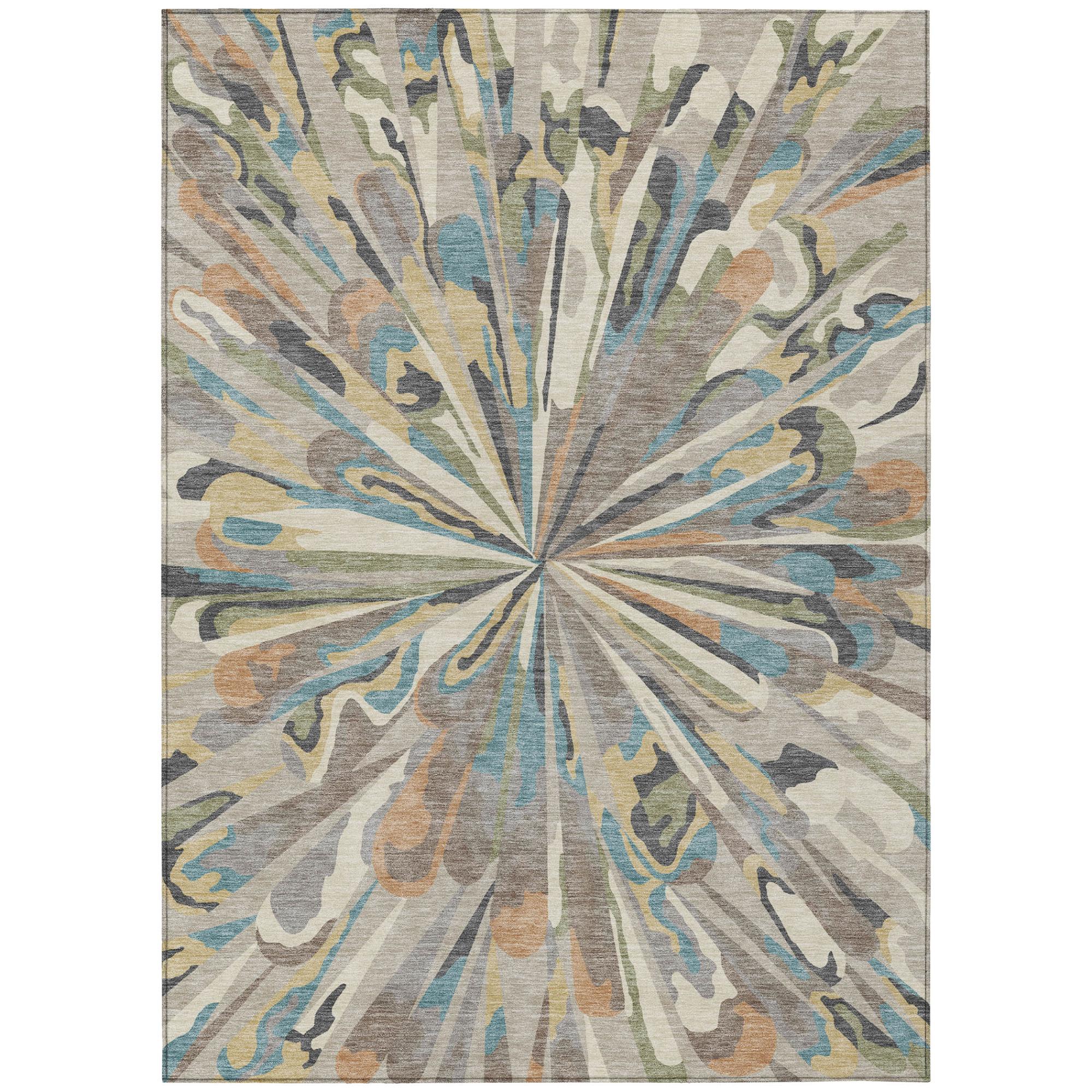 Abstract rectangular area rug with radial burst pattern in beige, blue, tan, and gray