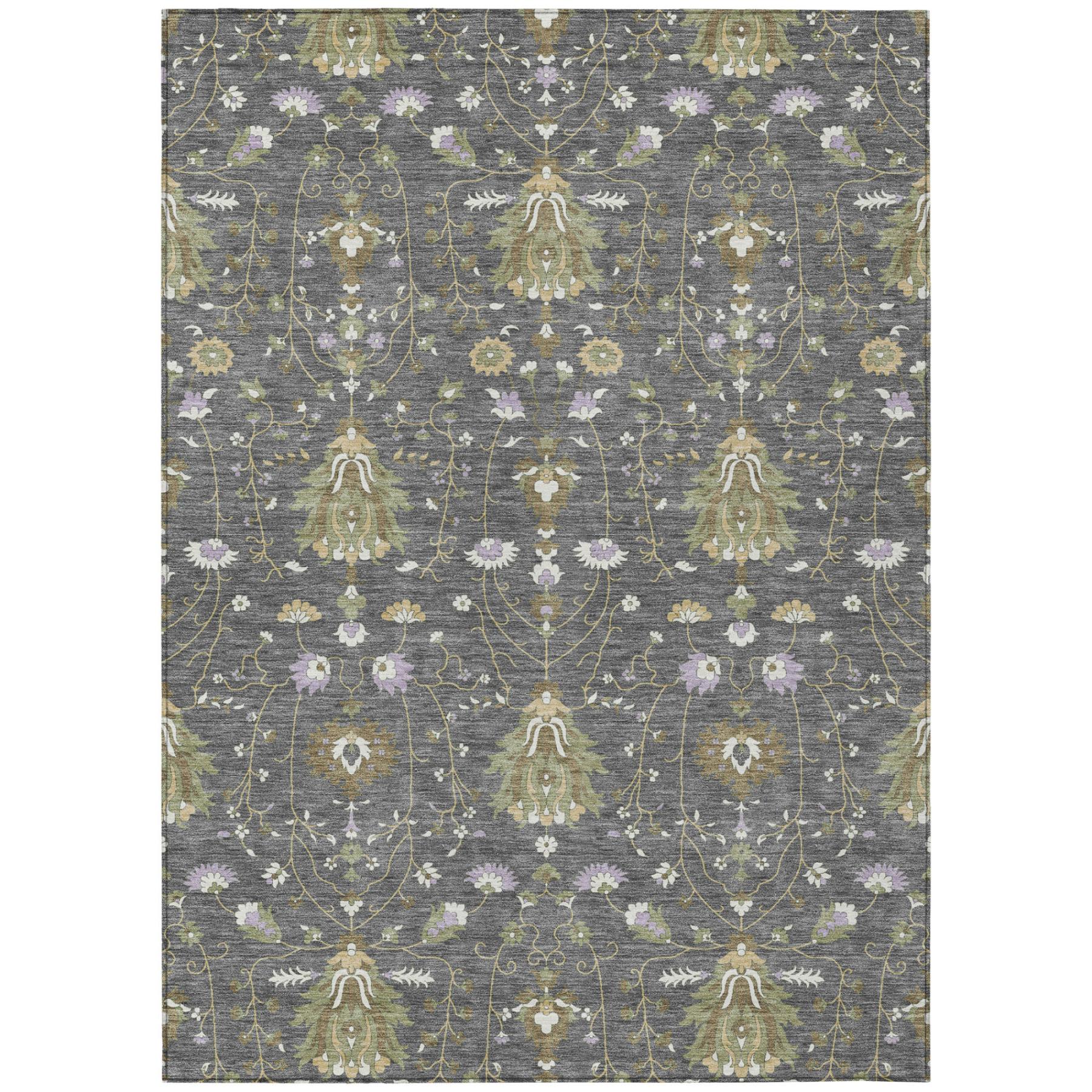 Gray and graphite oriental area rug with symmetrical damask medallions and floral accents.