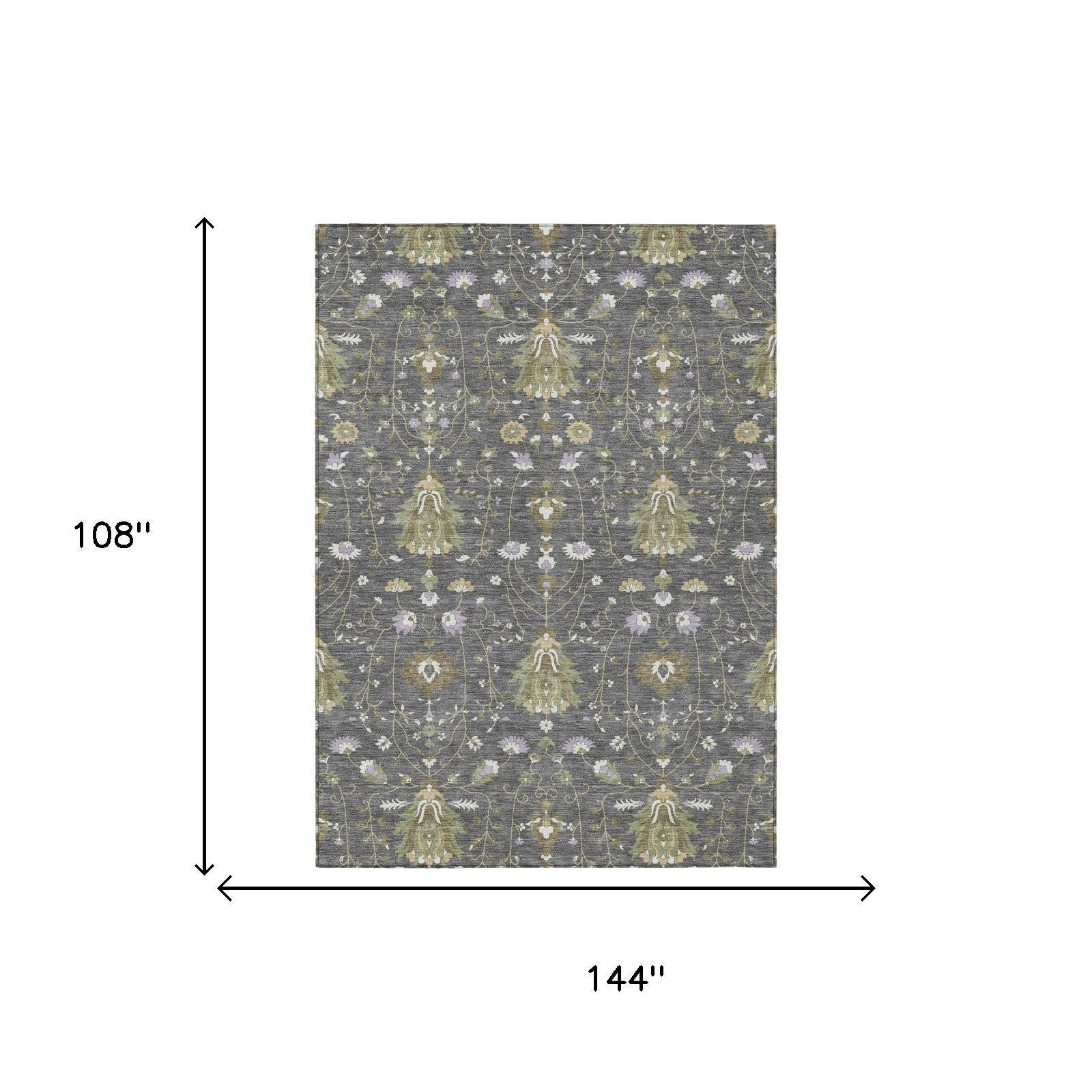 Gray and graphite oriental area rug with ornate floral medallion pattern, borderless.
