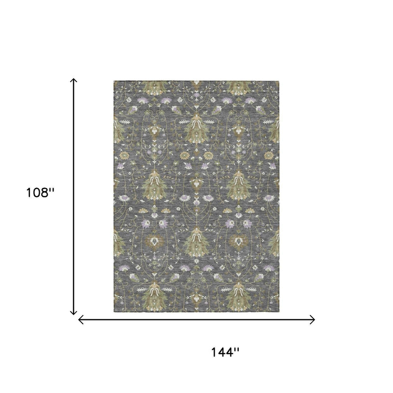 Gray and graphite oriental area rug with ornate floral medallion pattern, borderless.
