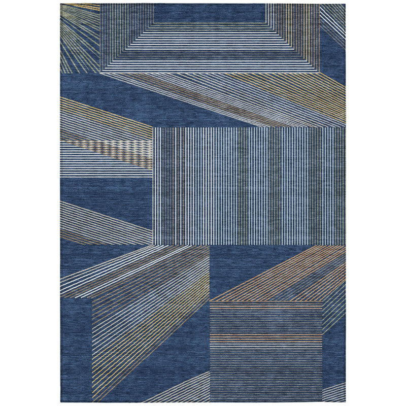Blue geometric area rug with layered stripe blocks in navy and tan