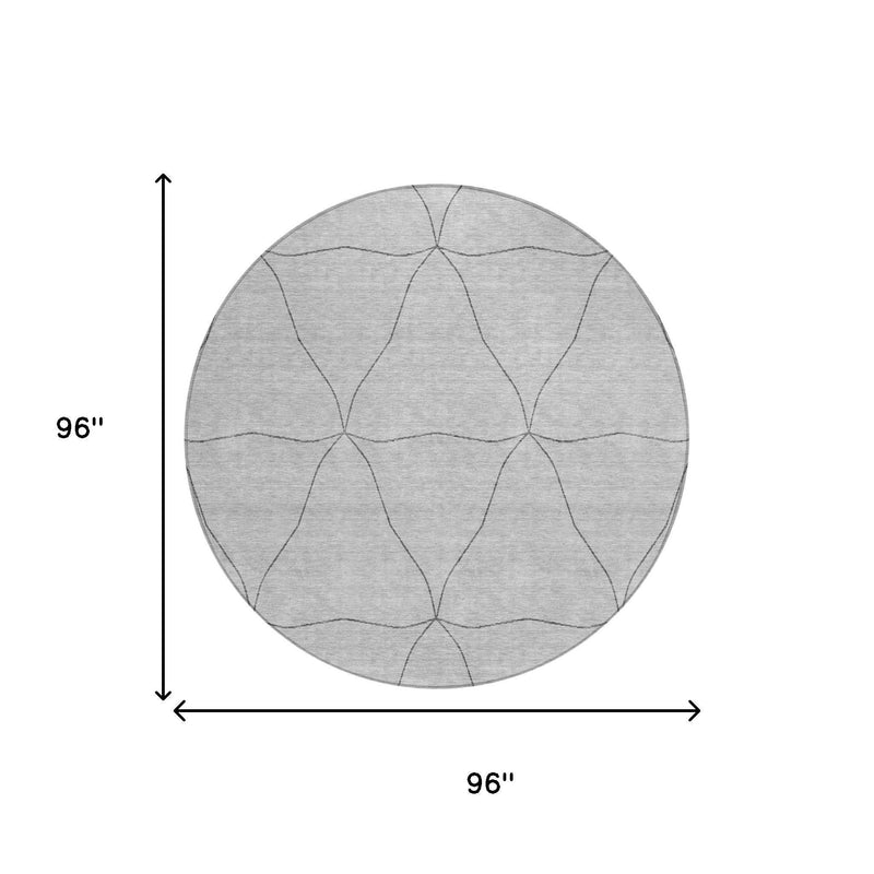 Round gray area rug featuring a geometric geometric lattice pattern, 96 in size