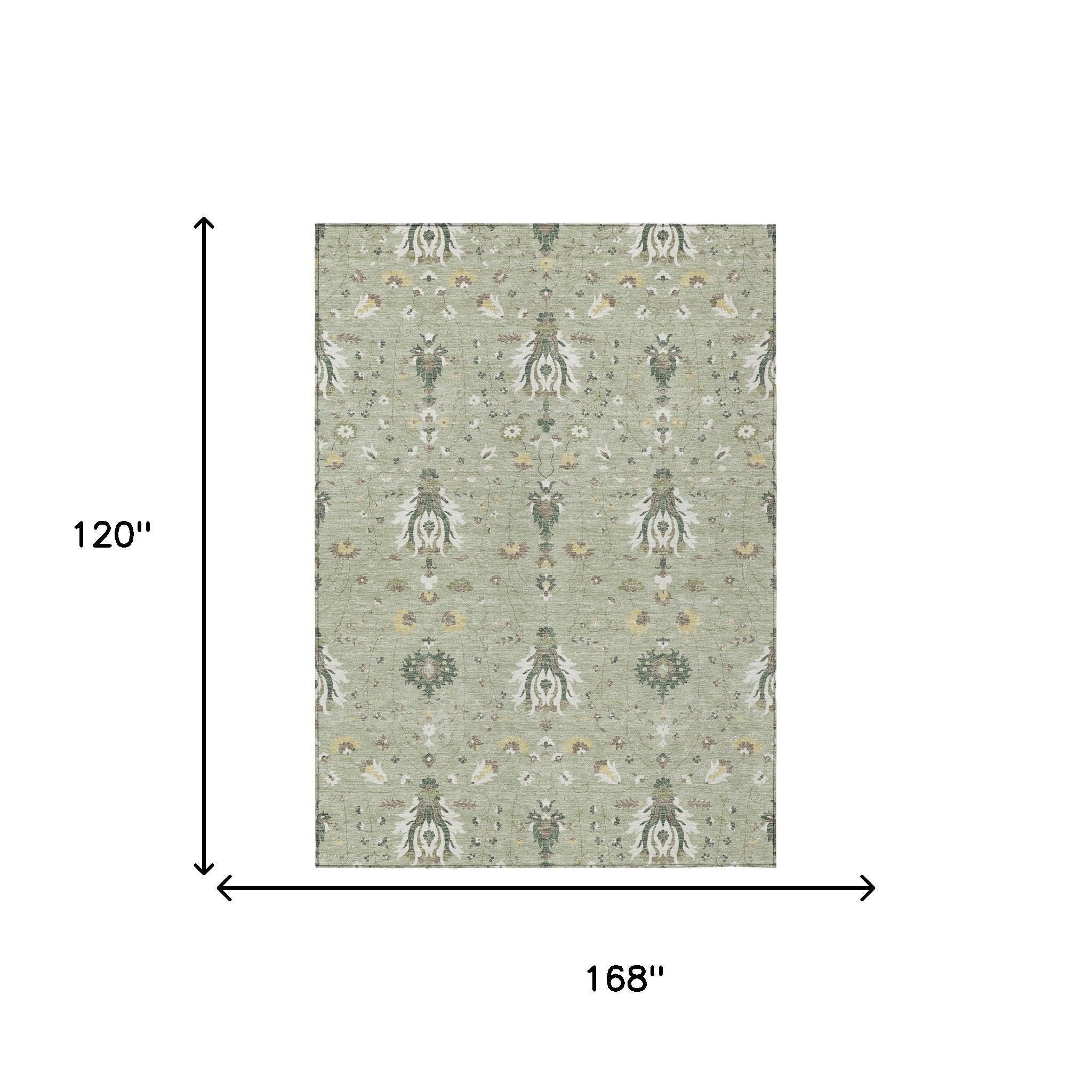 Green and beige oriental area rug, size shown 168 in by 120 in