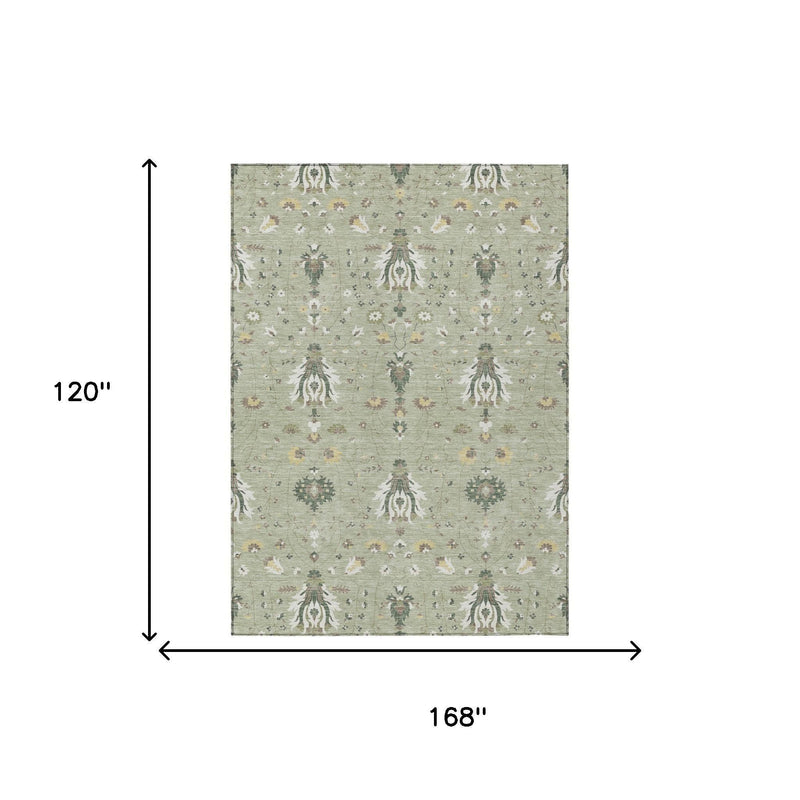 Green and beige oriental area rug, size shown 168 in by 120 in
