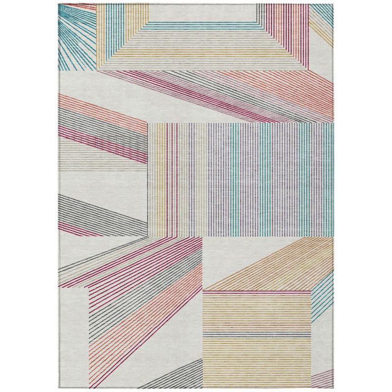 Ivory geometric area rug with multicolor blocks of thin stripes and clean outlined edges