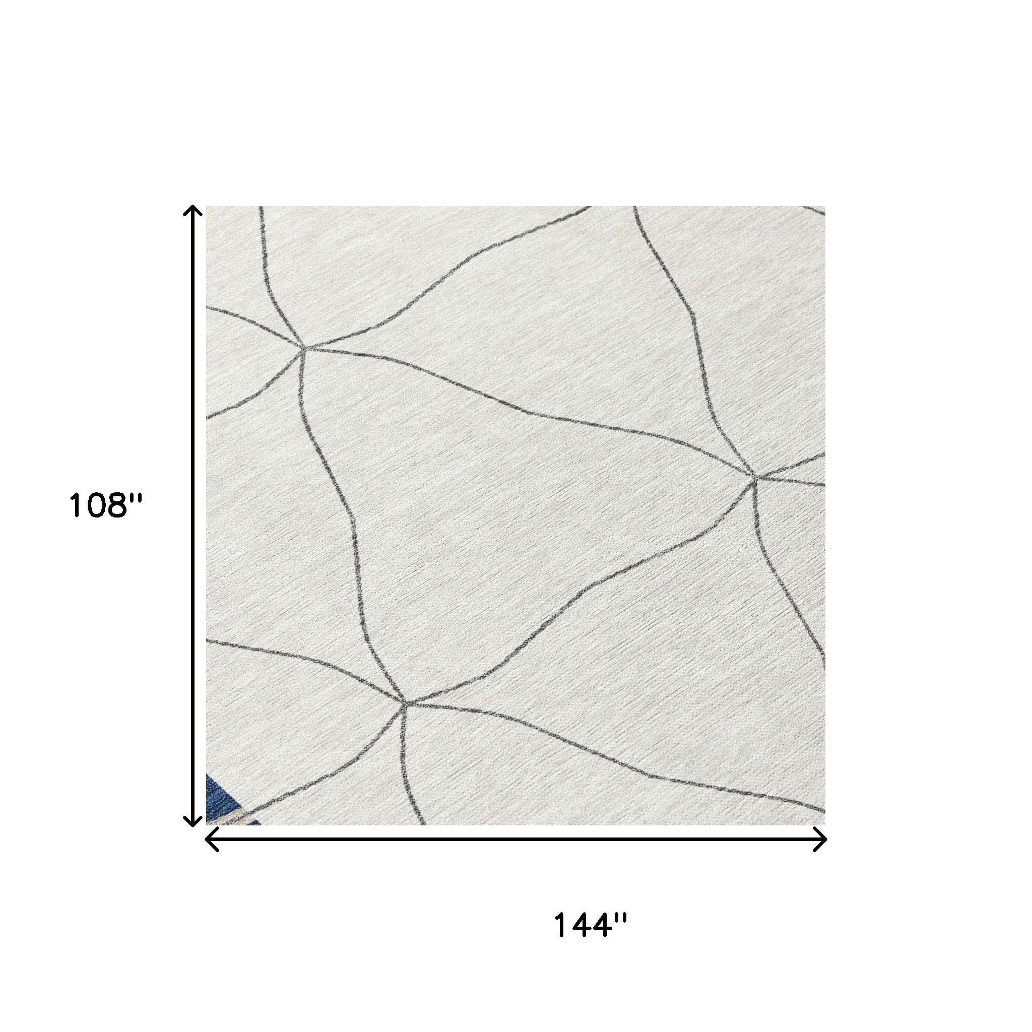 Rectangle size diagram: geometric rug measures 144 in by 108 in