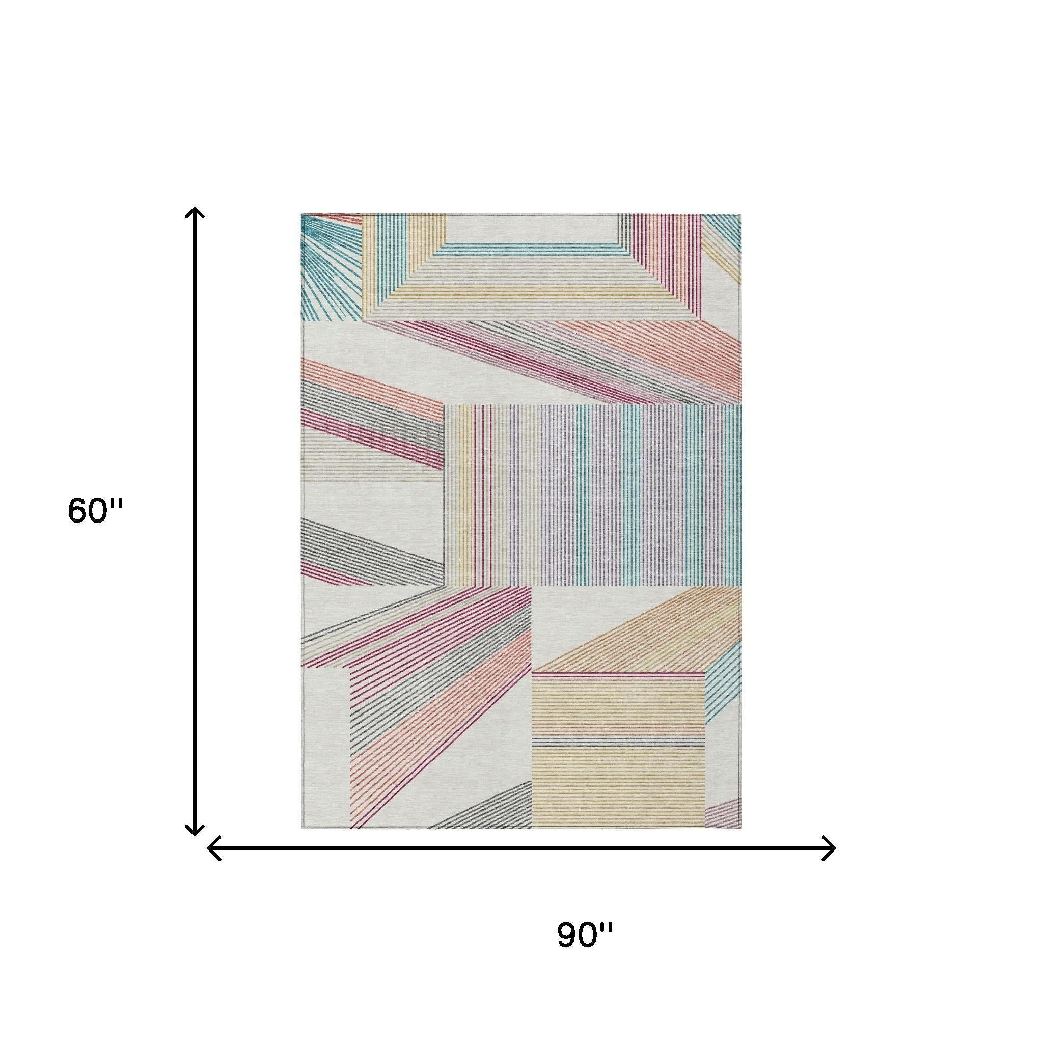 Geometric striped area rug diagram showing 60 in by 90 in dimensions