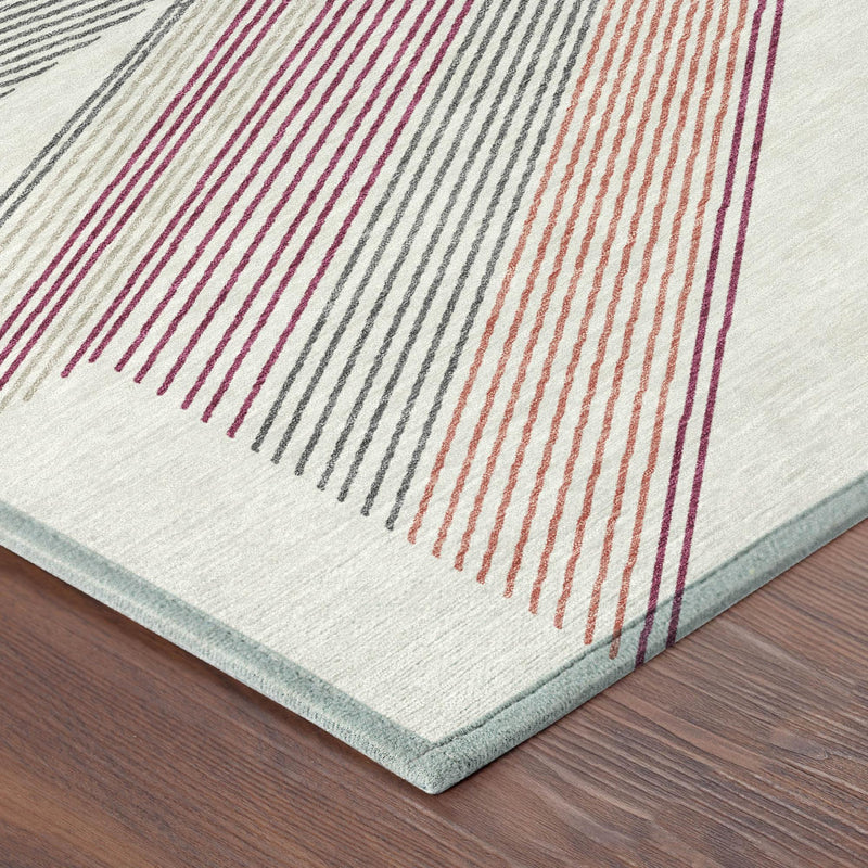 Ivory geometric striped area rug with multicolor line pattern and stitched border edge