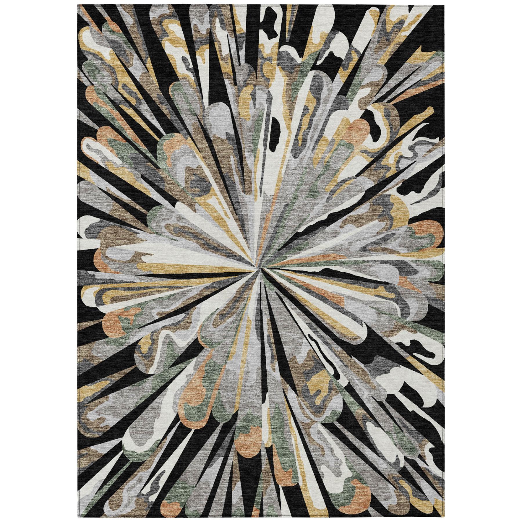 Square abstract starburst area rug in black, gray, cream, and muted green accents