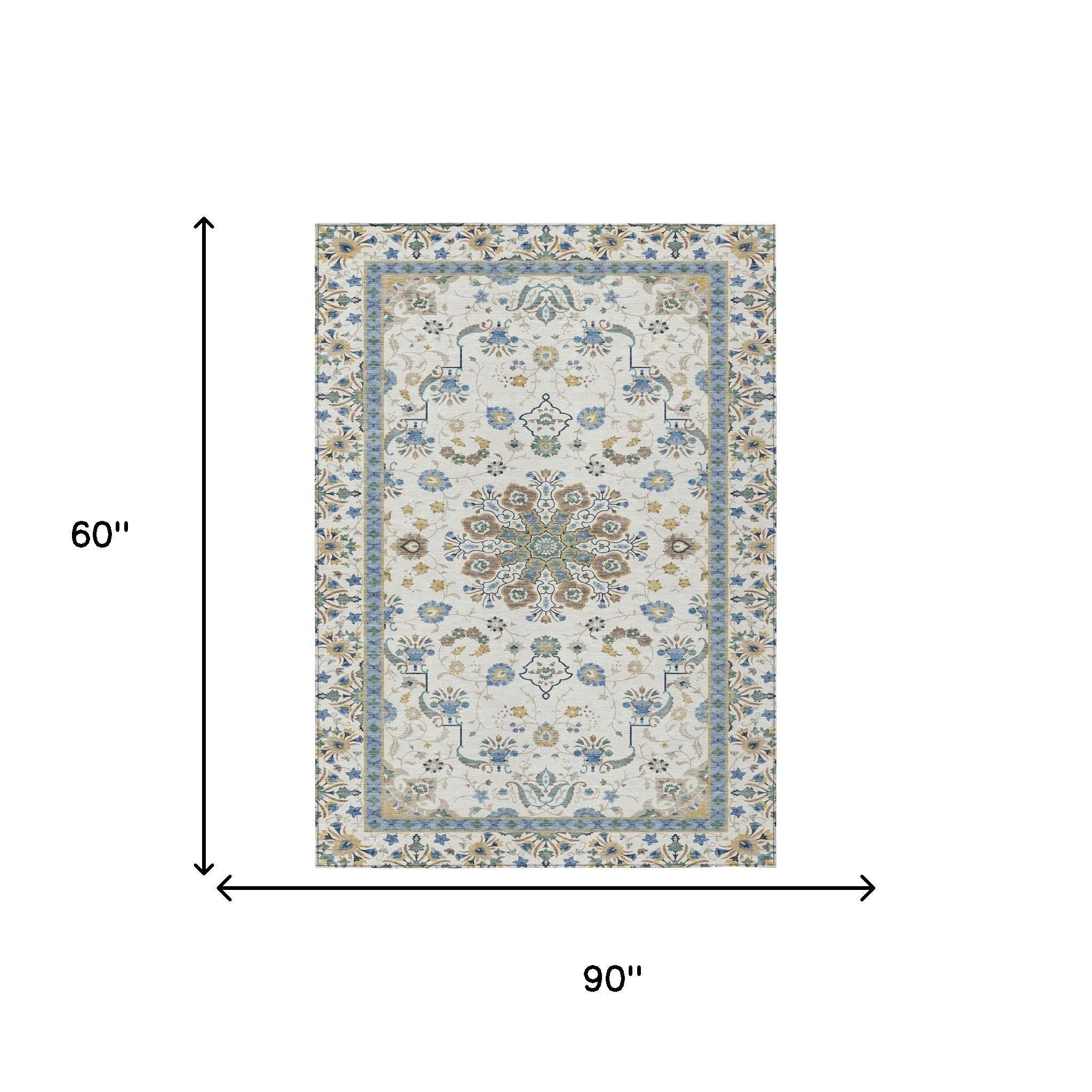 Ivory and blue oriental area rug with decorative border, 60 x 90 in shown