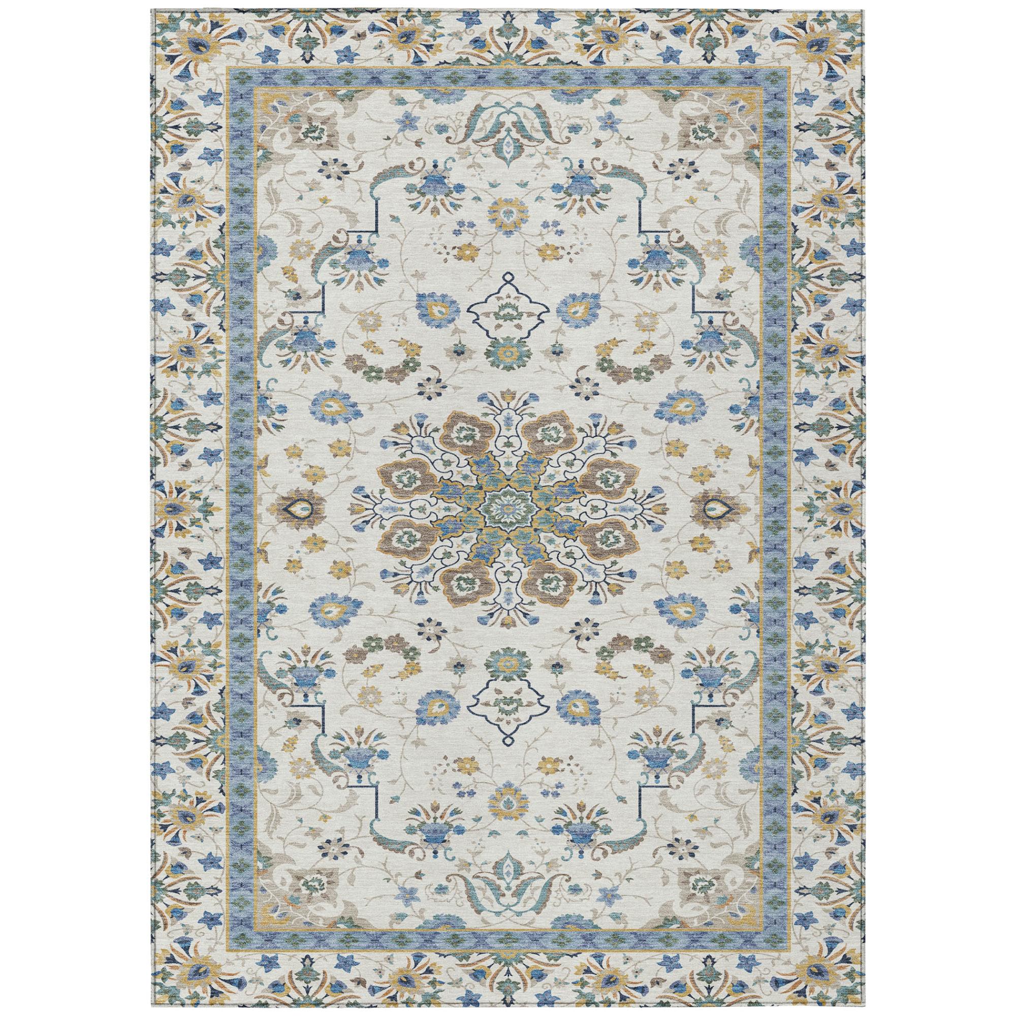 Ivory oriental area rug with central medallion and blue border, multicolor accents