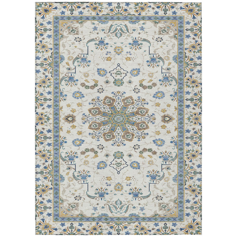 Ivory oriental area rug with central medallion and blue border, multicolor accents