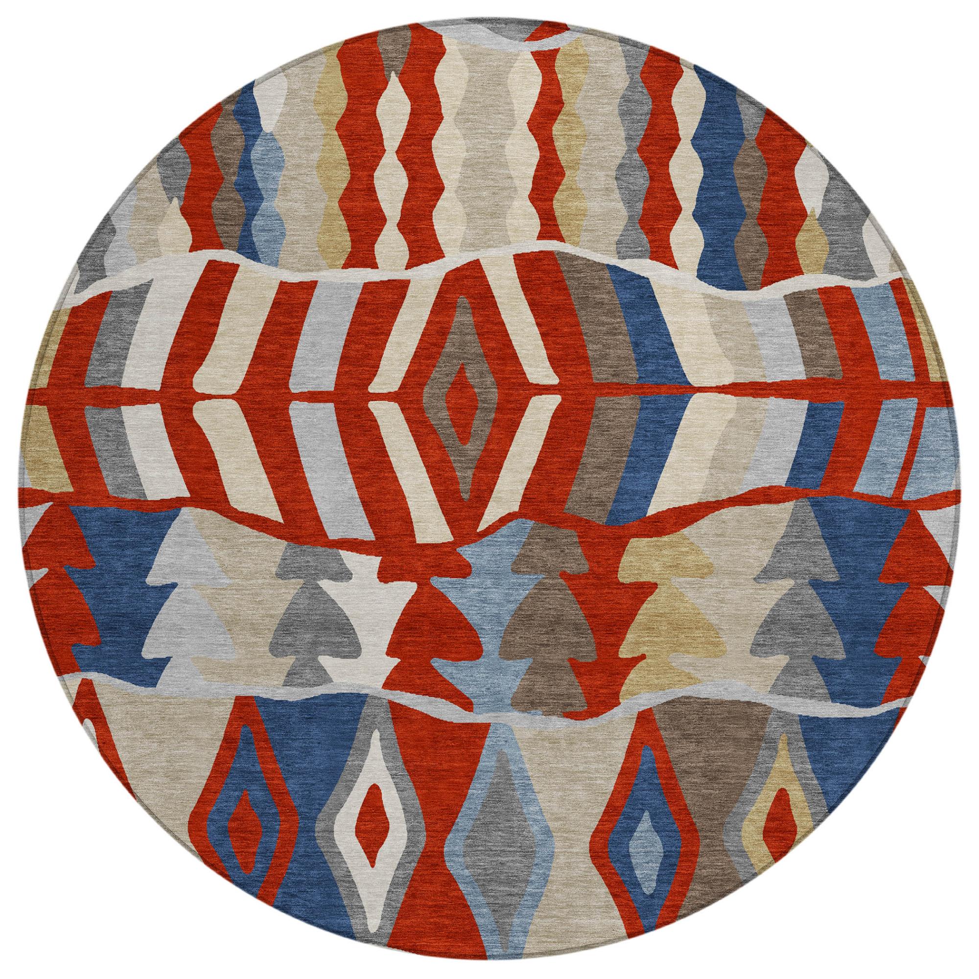 Round geometric area rug, abstract pattern in red, blue, gray, and beige