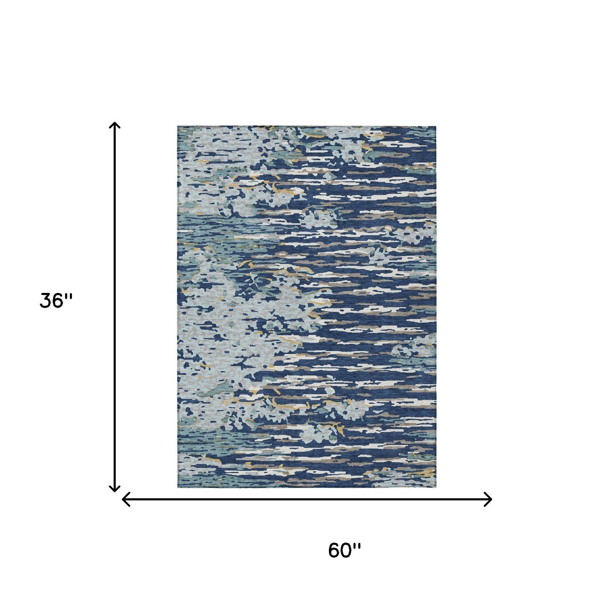 Abstract washable area rug, navy and light blue horizontal stripes pattern