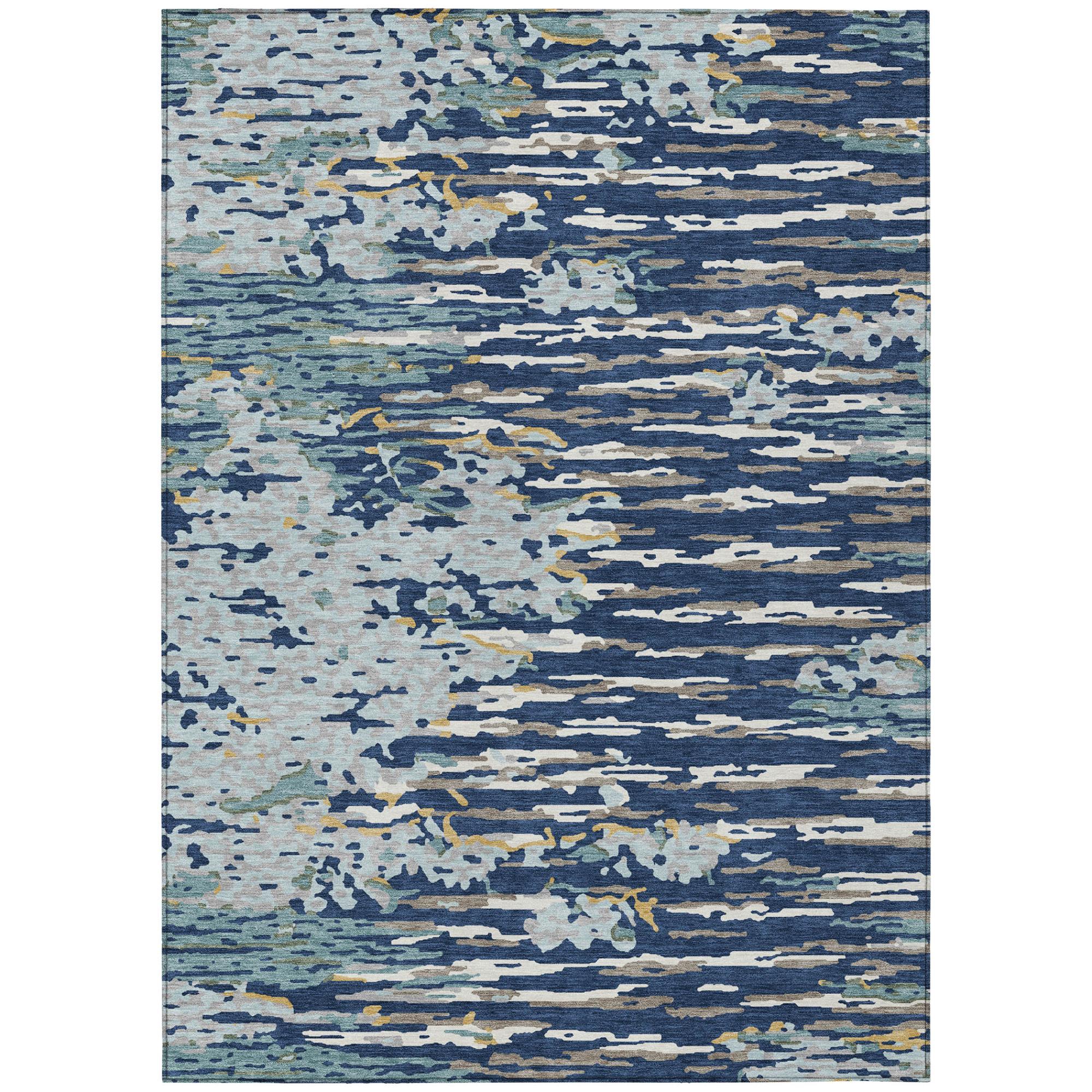 Abstract area rug with blue, cream, and navy distressed horizontal pattern