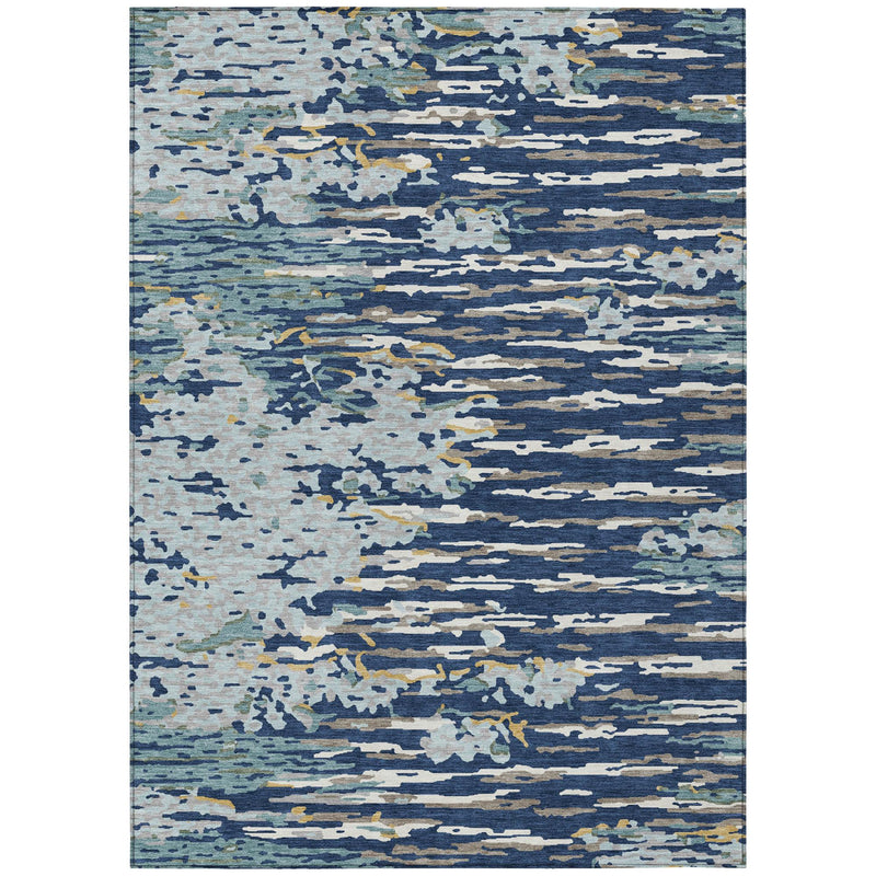 Abstract area rug with blue, cream, and navy distressed horizontal pattern