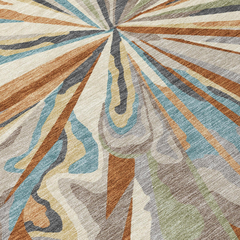 Radial abstract area rug with sunburst lines in teal blue, orange brown, and light beige