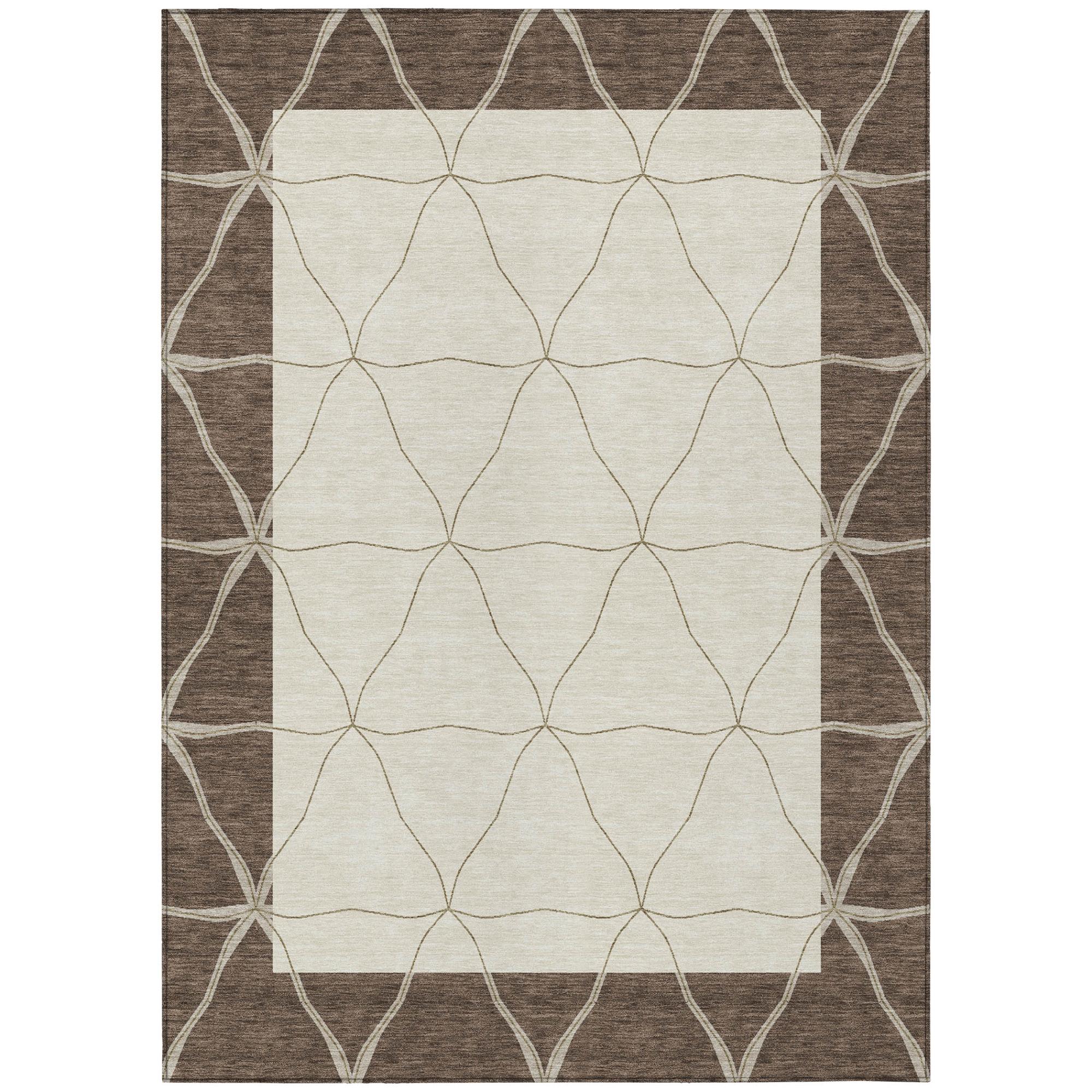 Coffee-brown and cream geometric area rug with lattice diamond pattern