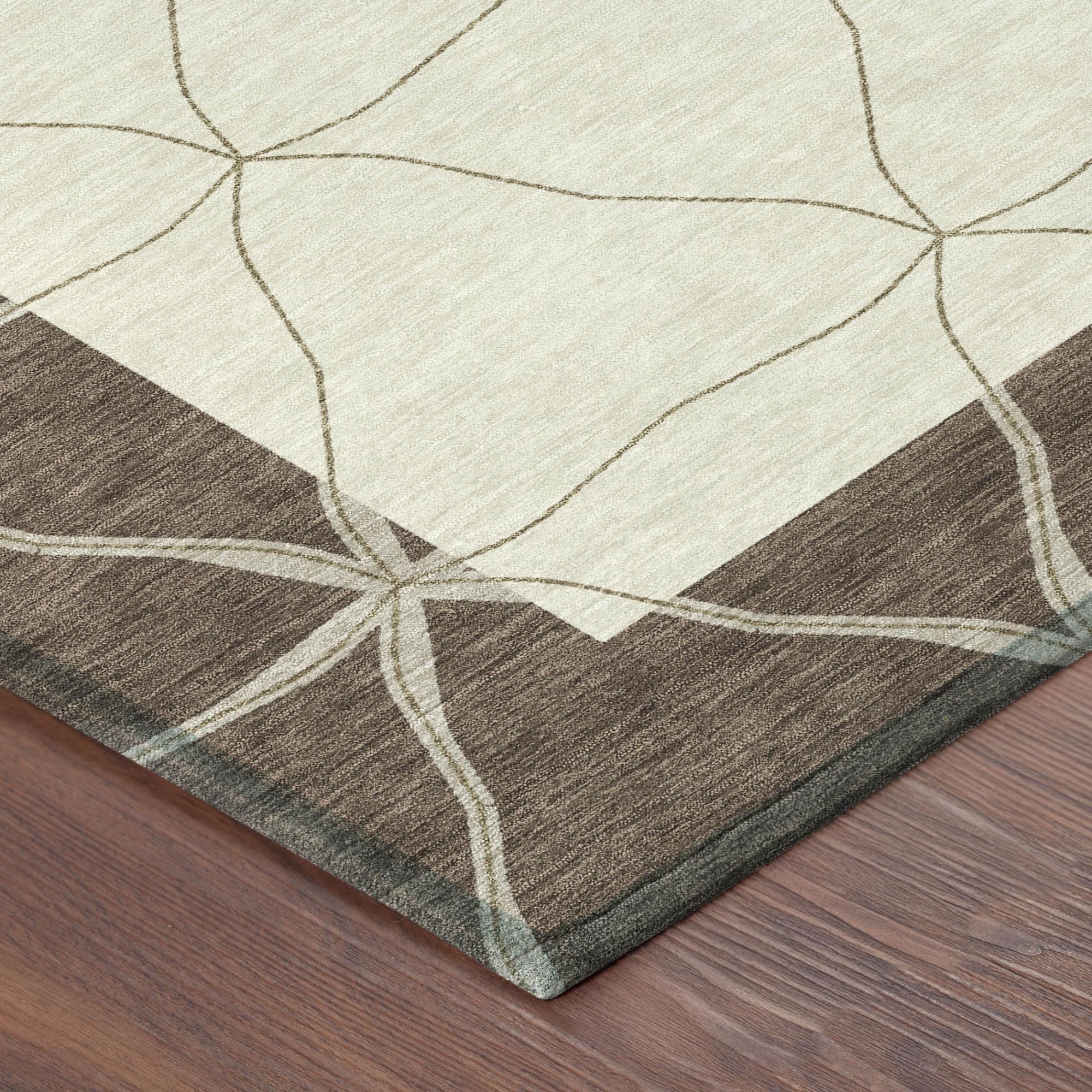 Geometric corner of cream and coffee-brown area rug with lattice diamonds