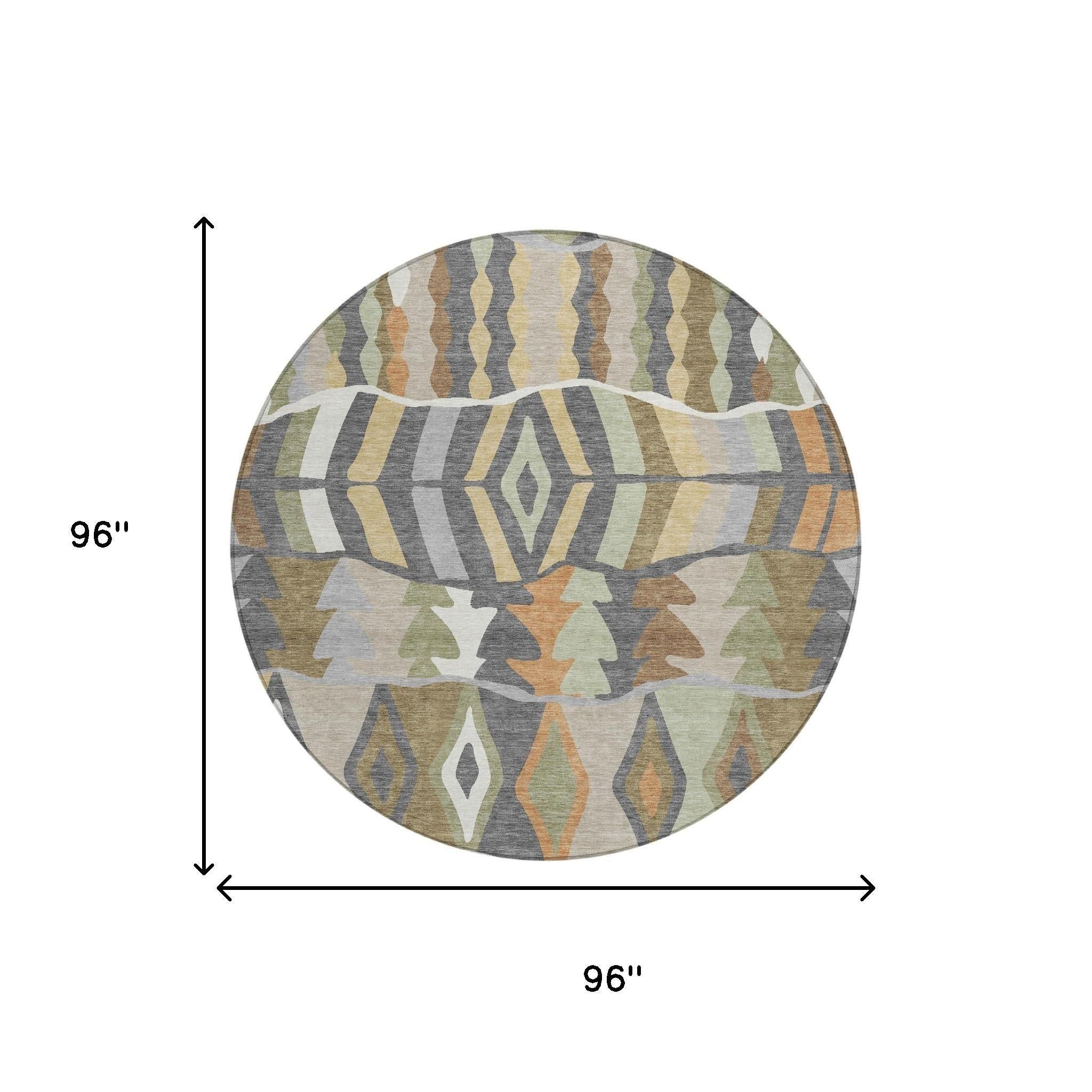Round geometric area rug with multicolor motifs and wavy band design