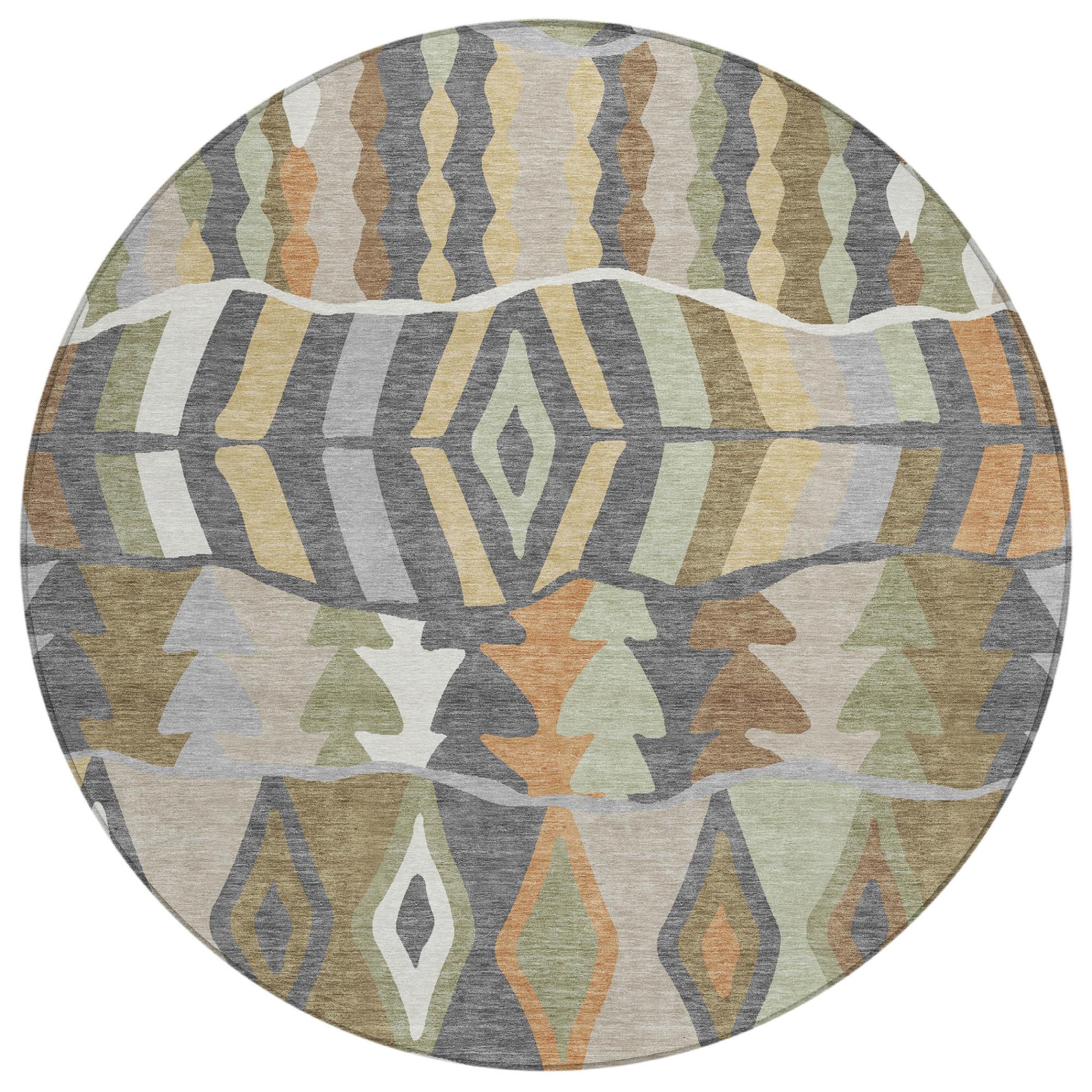 Round area rug with layered geometric motifs in gray, tan, green, and orange