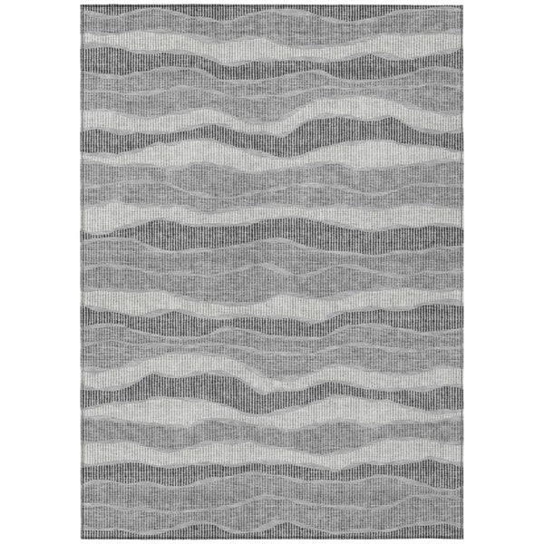 Pewter and gray striped area rug with wavy pattern, washable indoor/outdoor
