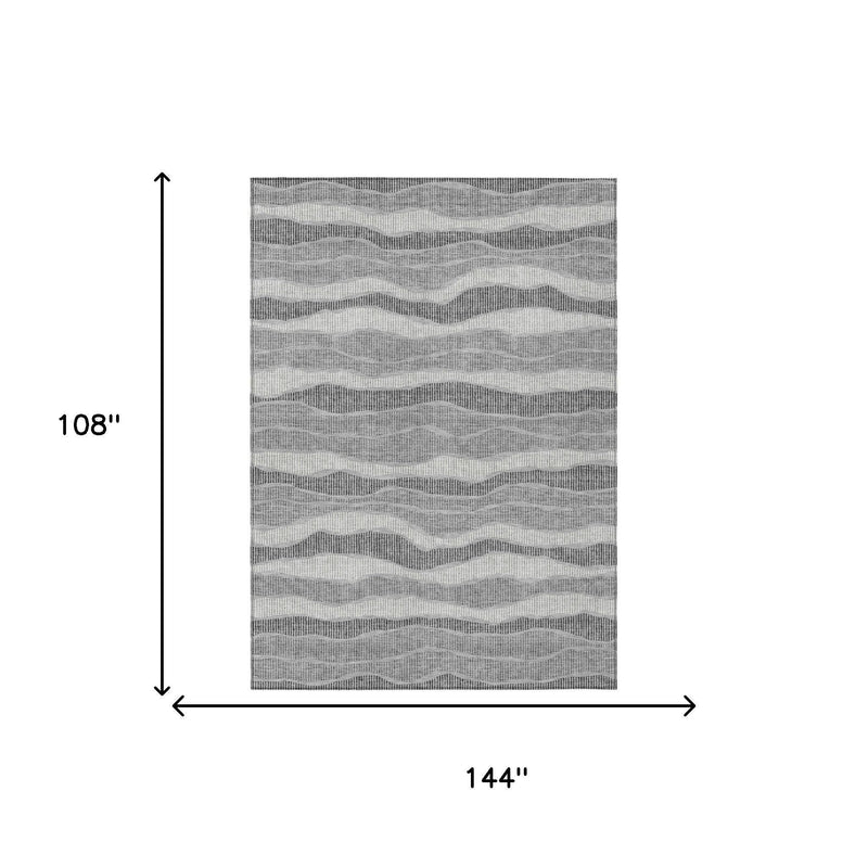 Rectangular rug size diagram, pewter and gray wavy striped pattern