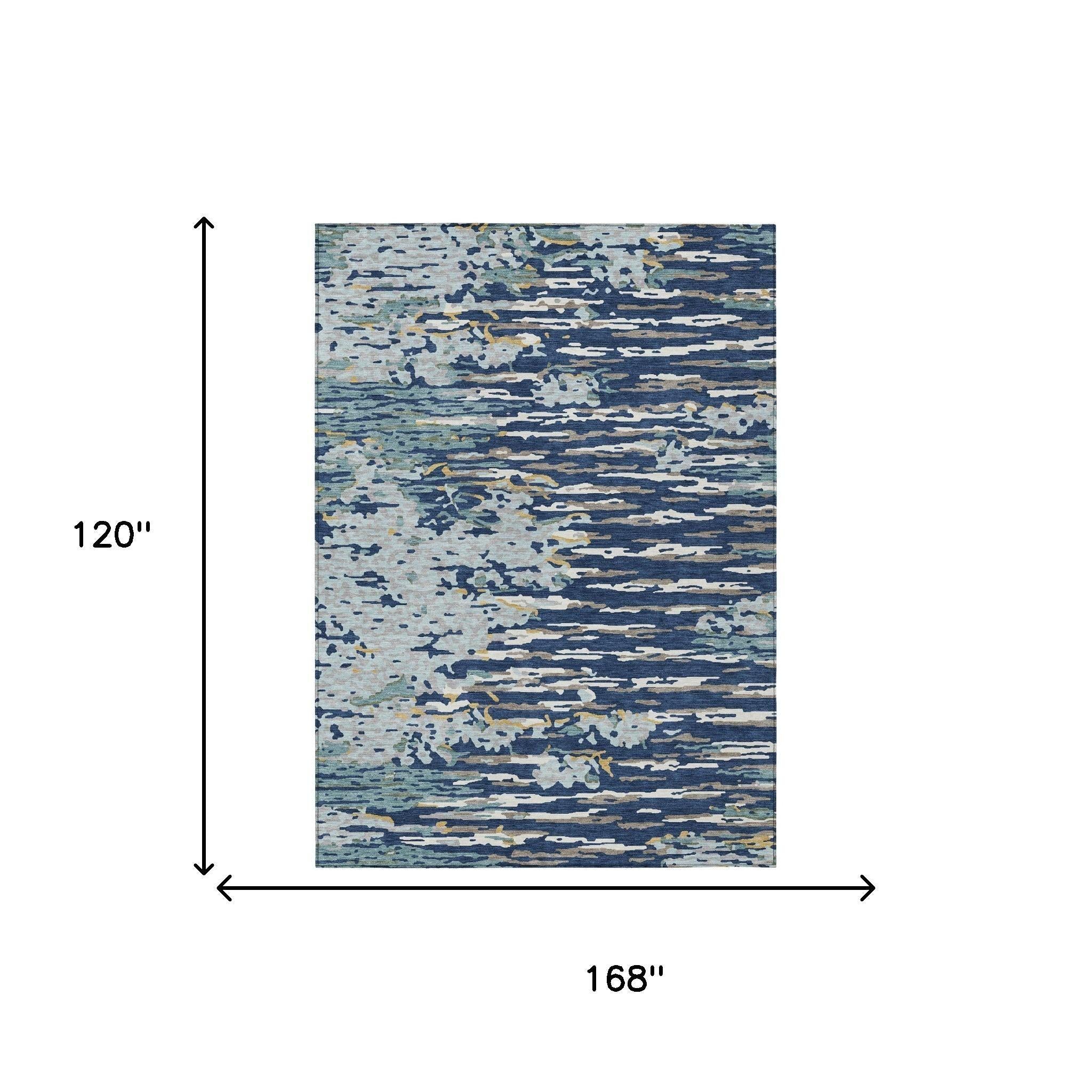Rectangular abstract area rug, navy and light blue, 168 in by 120 in.