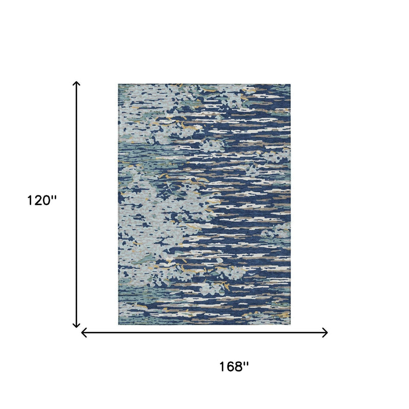 Rectangular abstract area rug, navy and light blue, 168 in by 120 in.