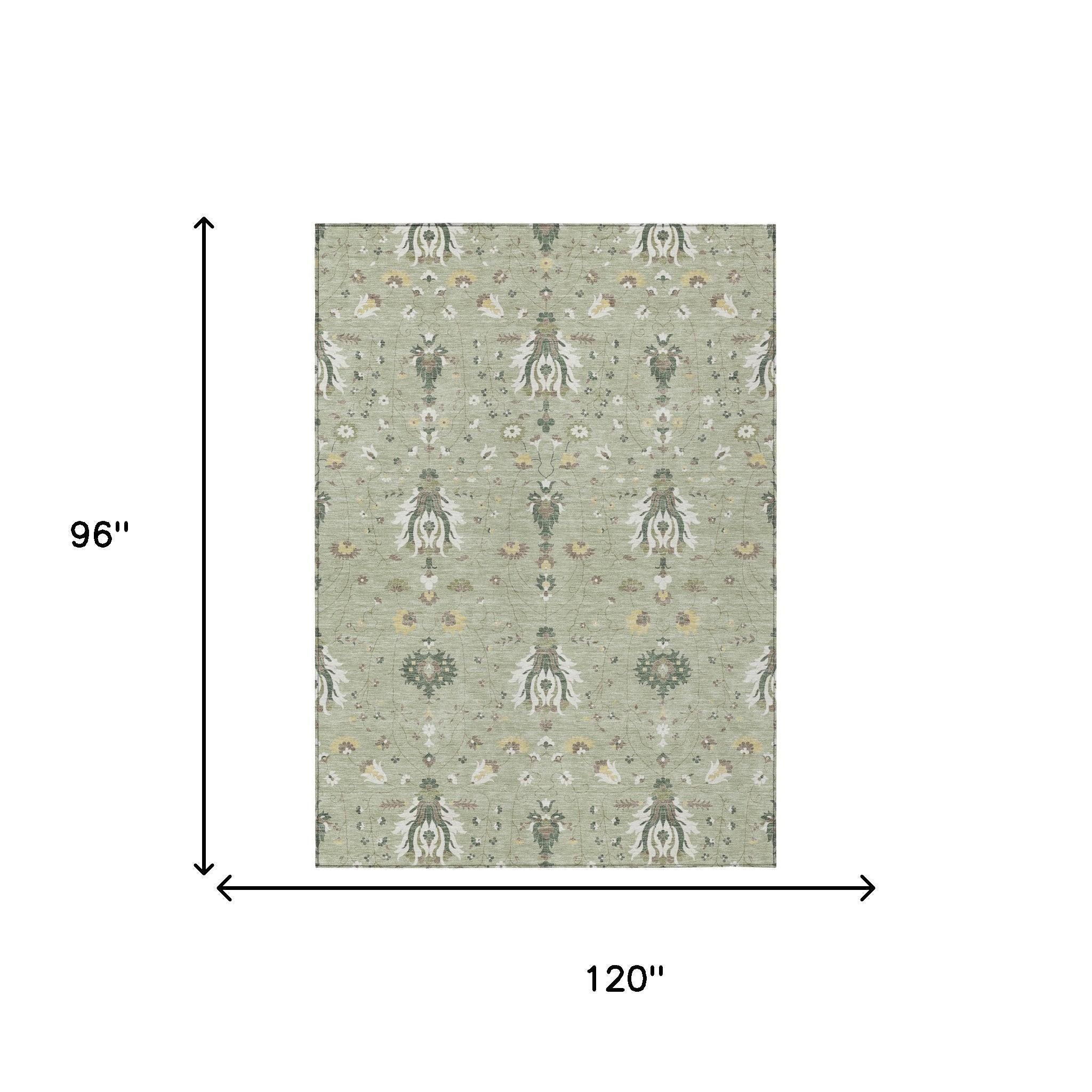 Green oriental rug, 96 in by 120 in, repeating floral medallion pattern.