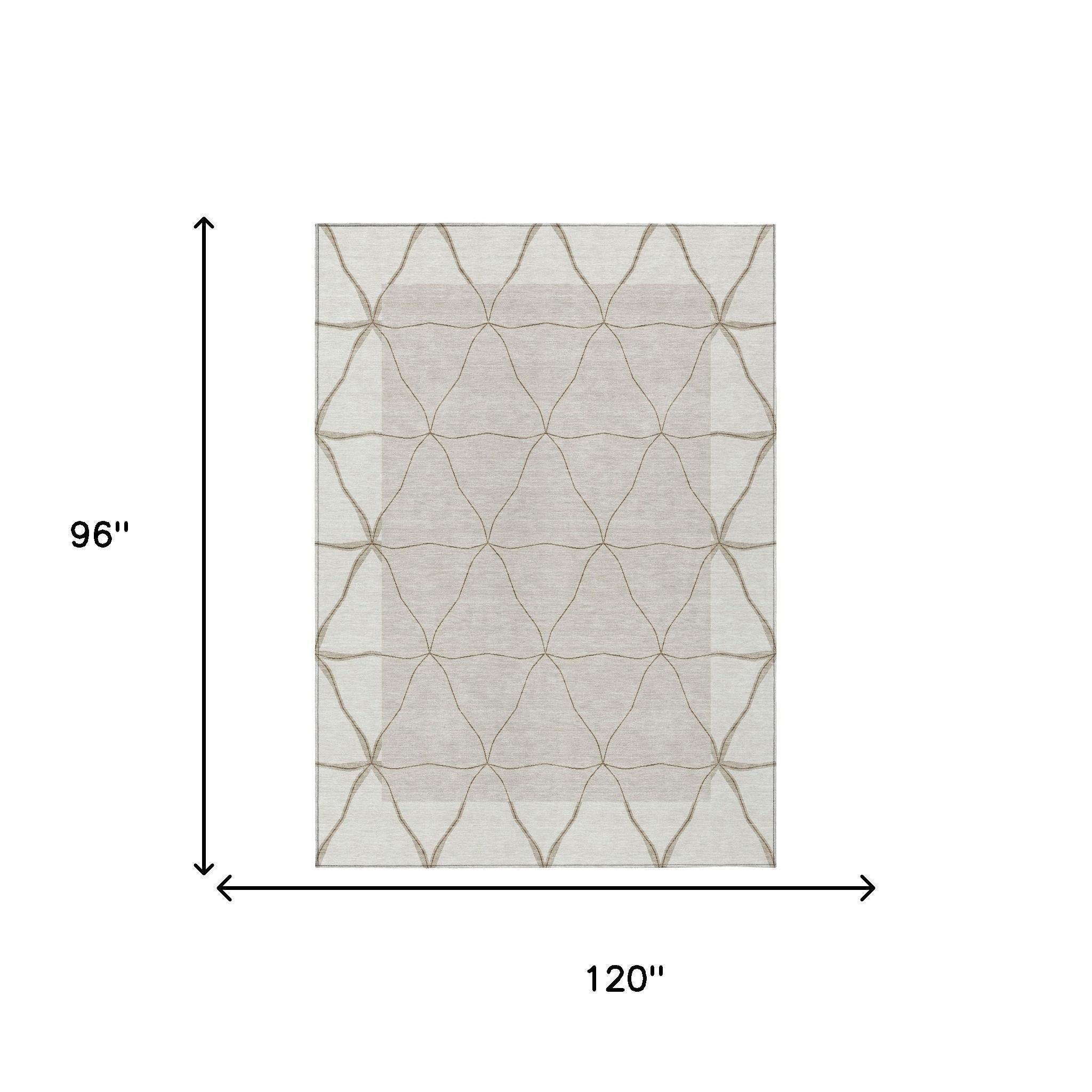 Area rug dimensions diagram: 120 in wide x 96 in long, geometric ivory and taupe