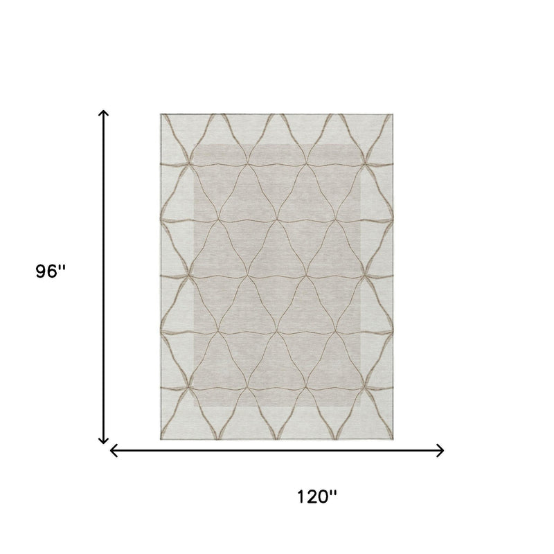 Area rug dimensions diagram: 120 in wide x 96 in long, geometric ivory and taupe