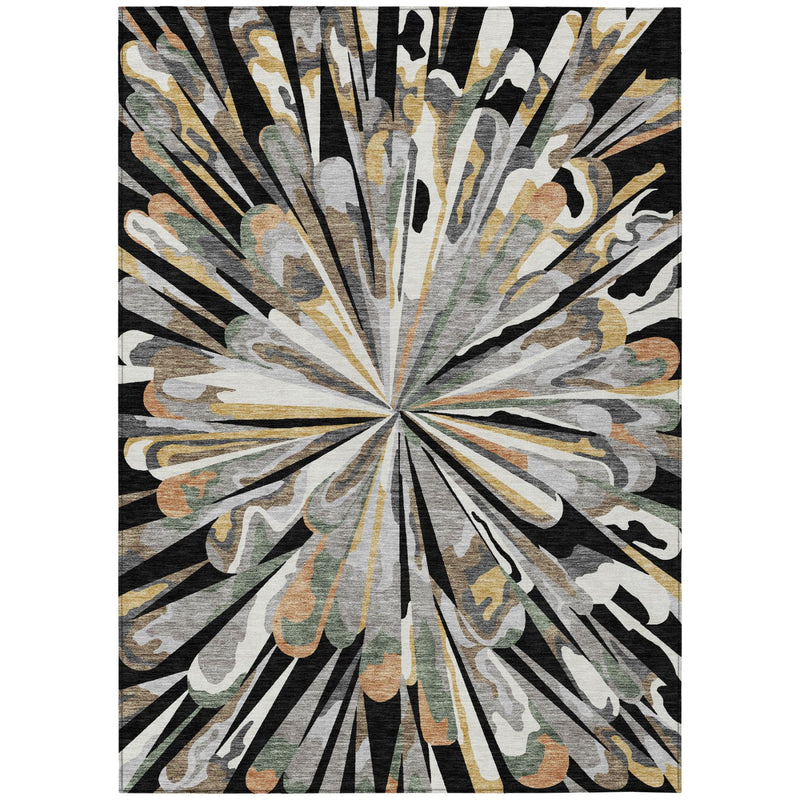 Rectangular abstract area rug featuring a radial sunburst design in black and neutral colors.