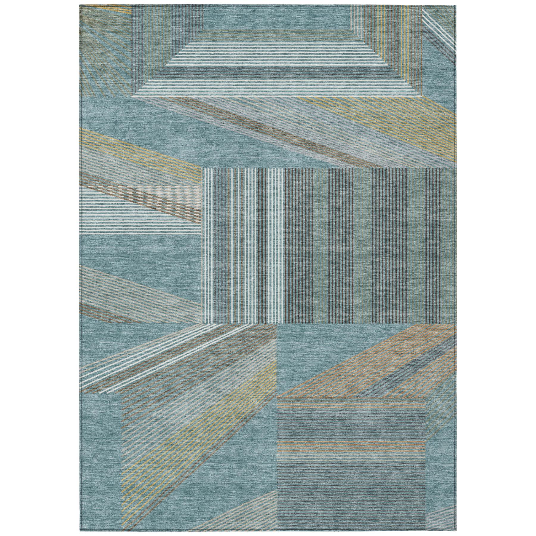 Teal blue geometric area rug with light-gray, white, and gold stripe blocks, rectangular