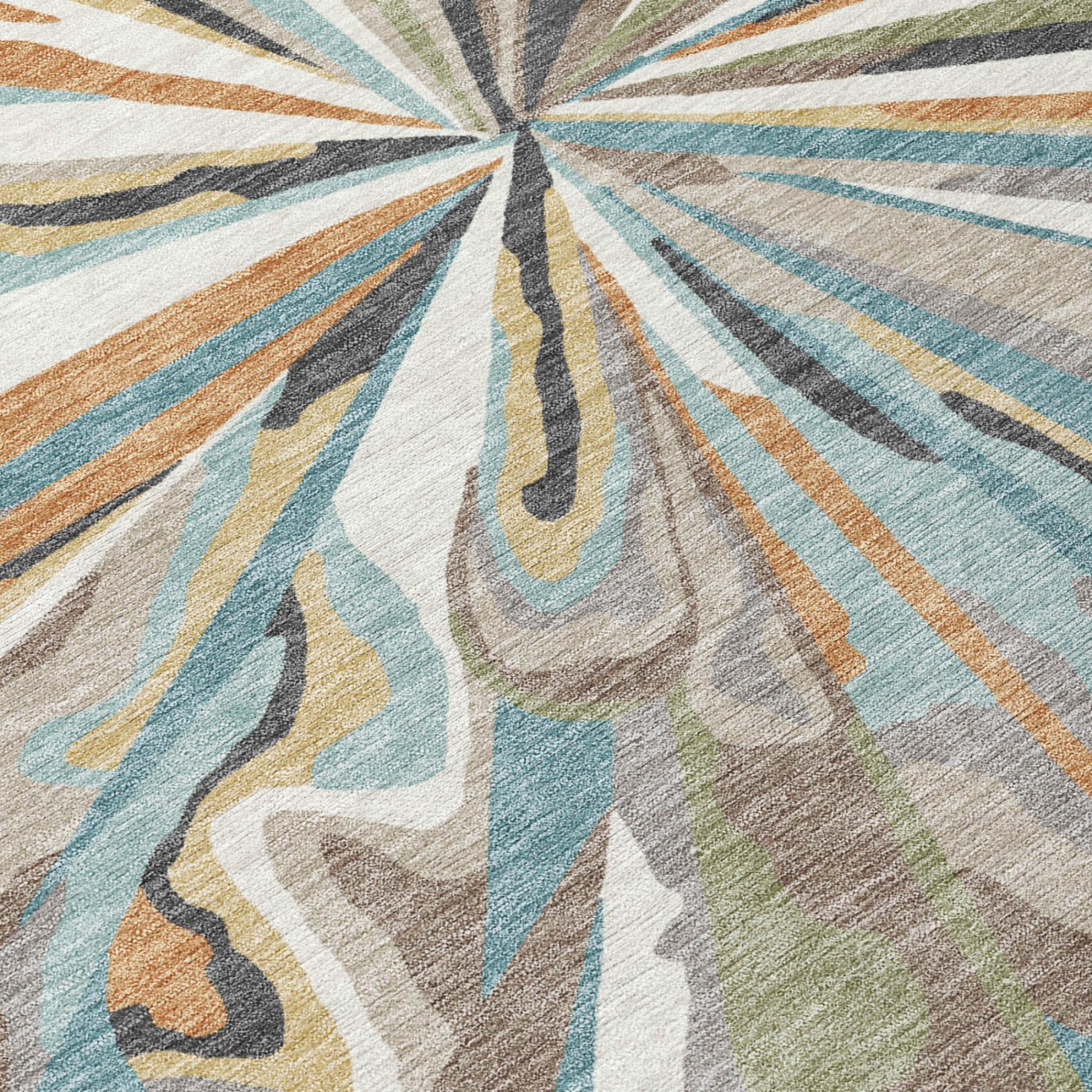 Teal blue, beige, and tan abstract area rug filling frame with radiating fan pattern